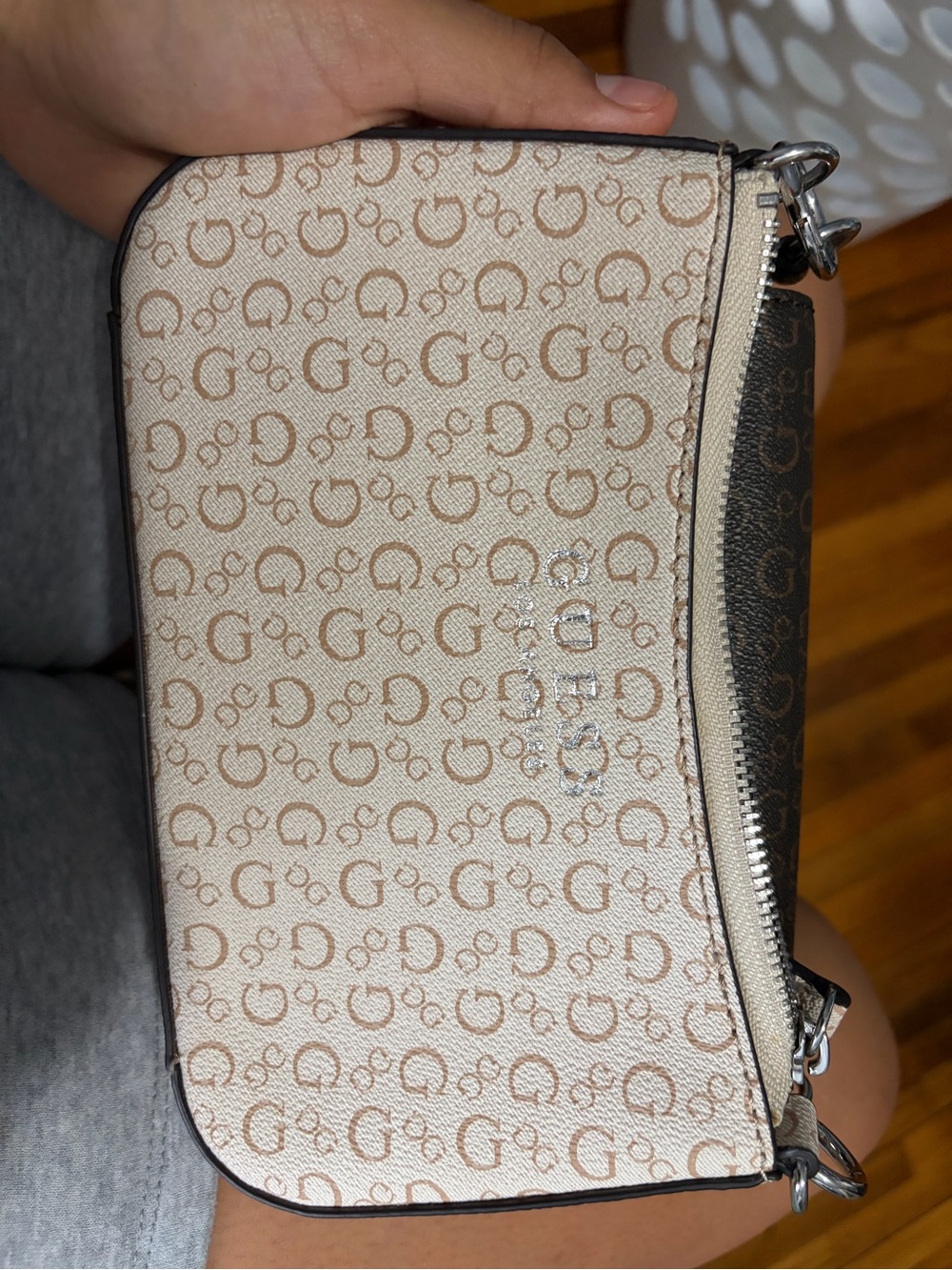 Guess Beige and Brown Logo Wristlet